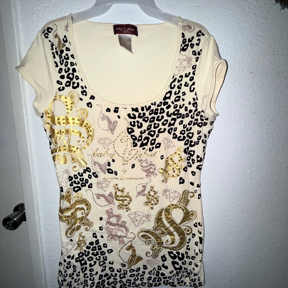 Baby Phat Cream Short Sleeve Scoop Neck Top with Black Leopard & Gold Accents